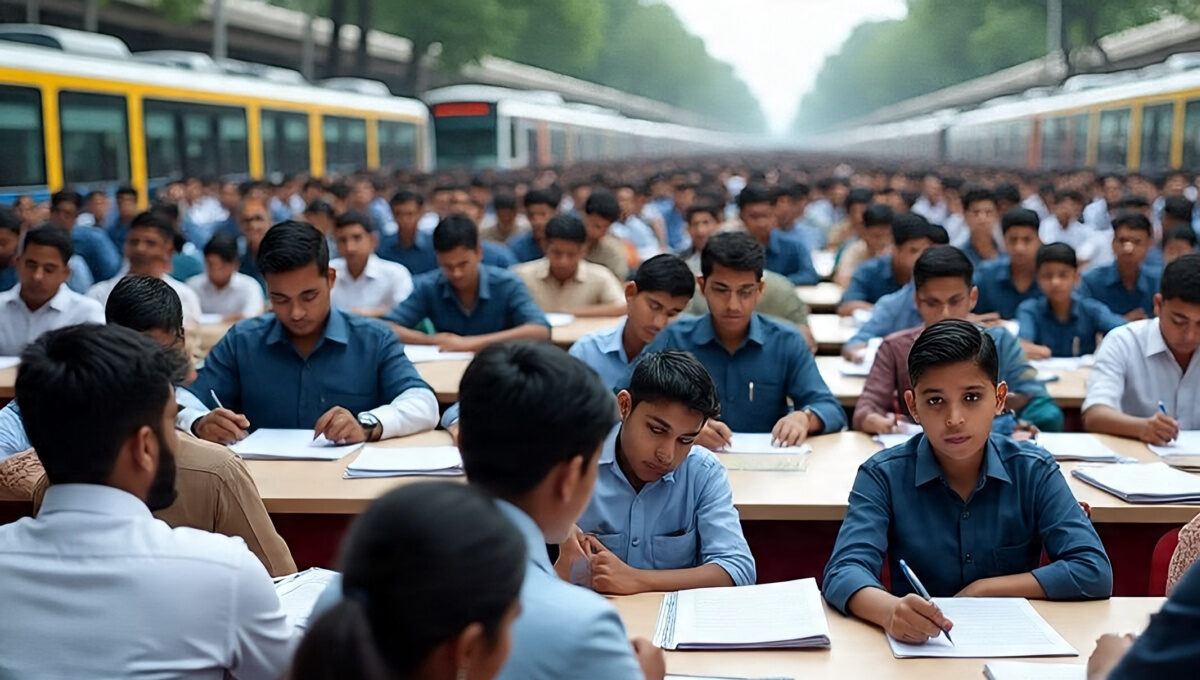 “UPPET 2025 exam: Candidates arriving at exam centres in Uttar Pradesh with heavy security and transport arrangements