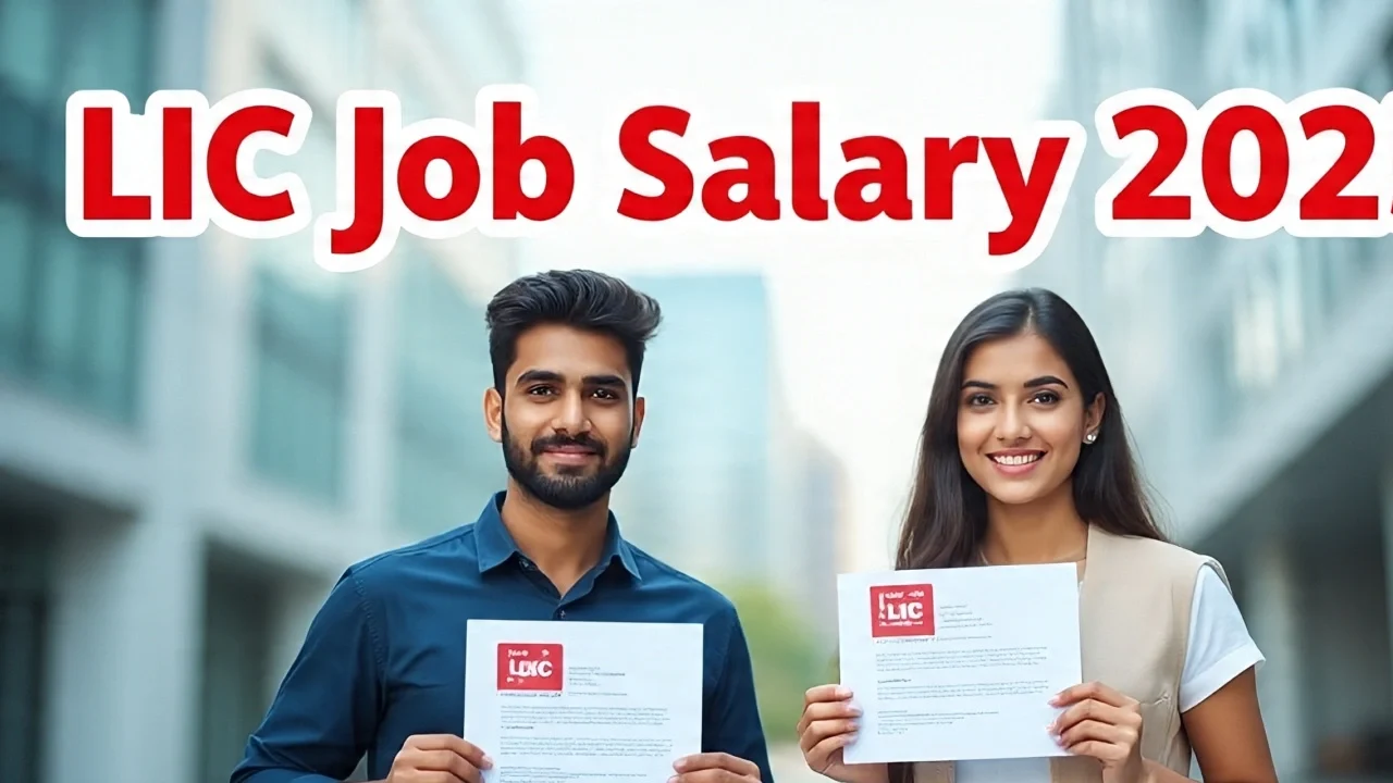 LIC Job Salary 2025 Recruitment – LIC Office Building with candidates applying online, Highlight Salary ₹1,26,000, Government Job Opportunity Banner